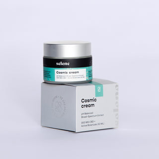 pH balanced broad-spectrum CBD cream, with active botanicals, in container and on packaging