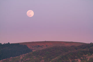 Full moon in pink purple sky over hill