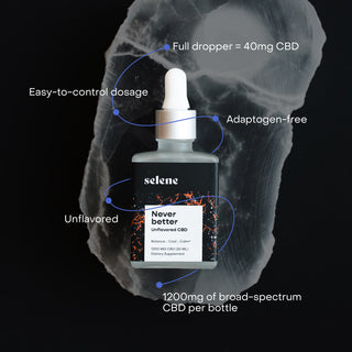 bottle of unflavored broad-spectrum cbd oil, with easy to control dosage, and 1200mg cbd per bottle